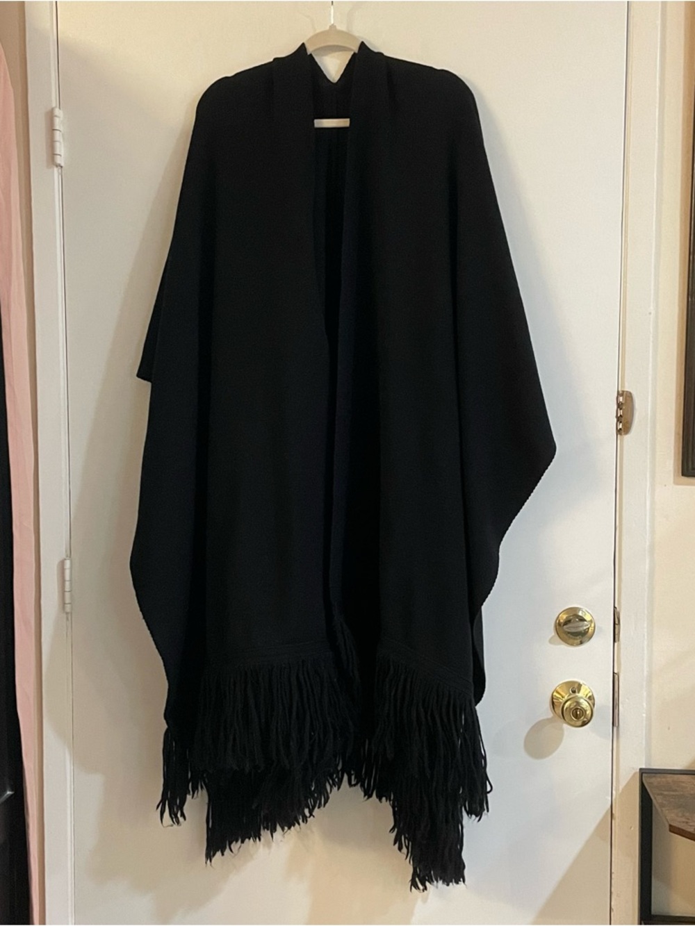 100% Wool Jeni McMahon Black Fringe Knit Shawl | VTG Rare Excellent Condition